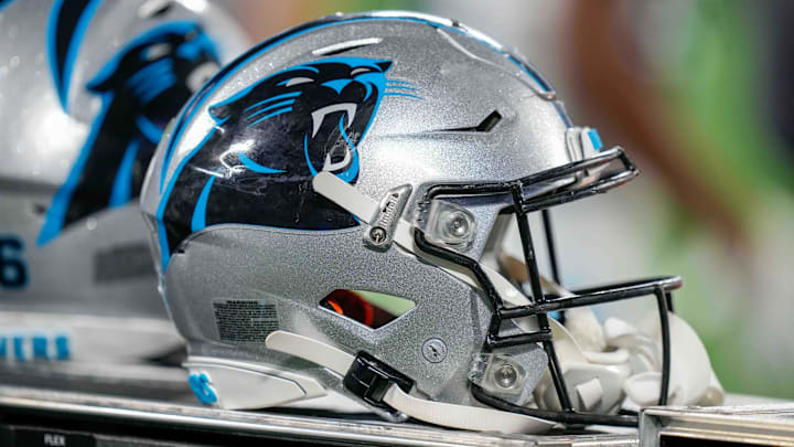 Aug 21, 2021; Charlotte, North Carolina, USA; Carolina Panthers helmet during the second half against the Baltimore Ravens at Bank of America Stadium. Mandatory Credit: Jim Dedmon-Imagn Images