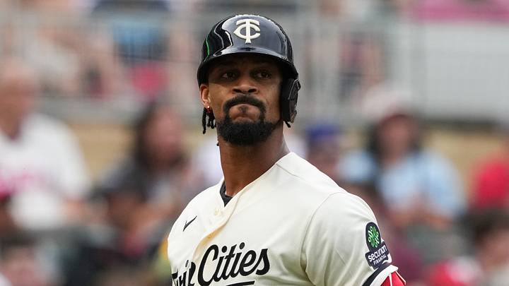 Aug 15, 2026; Minneapolis, Minnesota, USA; Minnesota Twins center fielder Byron Buxton (25) looks on after striking out during the first inning against the Philadelphia Phillies at Target Field. Mandatory Credit: Jordan Johnson-Imagn Images Aug 15, 2026; Minneapolis, Minnesota, USA; Minnesota Twins center fielder Byron Buxton (25) looks on after striking out during the first inning against the Philadelphia Phillies at Target Field. Mandatory Credit: Jordan Johnson-Imagn Images