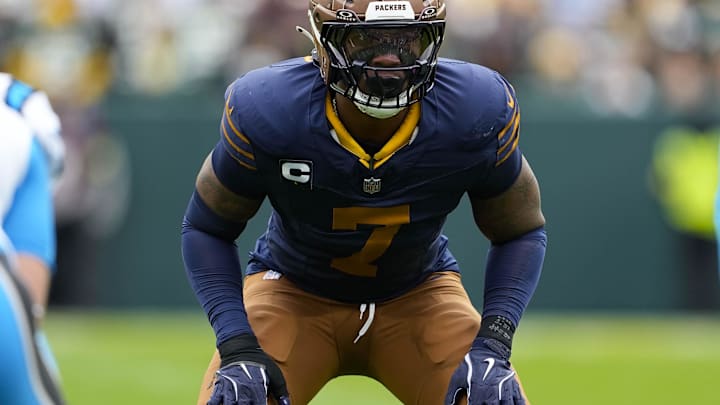 Nov 2, 2025; Green Bay, Wisconsin, USA; Green Bay Packers linebacker Quay Walker (7) during the game against the Carolina Panthers at Lambeau Field. Mandatory Credit: Jeff Hanisch-Imagn Images Nov 2, 2025; Green Bay, Wisconsin, USA; Green Bay Packers linebacker Quay Walker (7) during the game against the Carolina Panthers at Lambeau Field. Mandatory Credit: Jeff Hanisch-Imagn Images