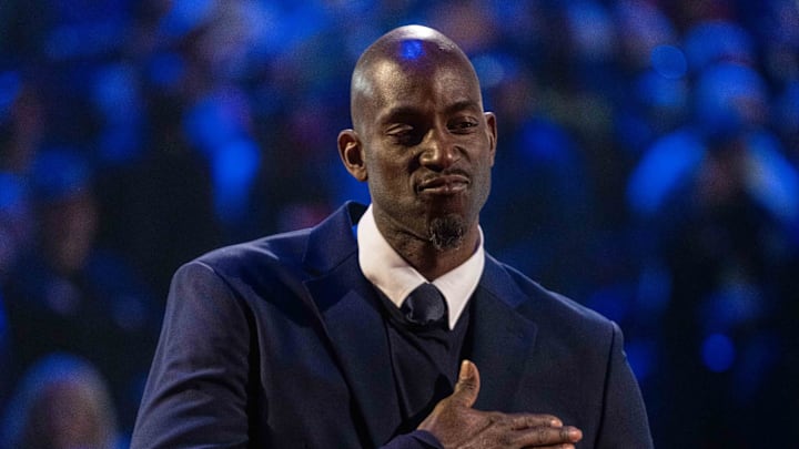 February 20, 2022: NBA great Kevin Garnett is honored for being selected to the NBA 75th Anniversary Team. February 20, 2022: NBA great Kevin Garnett is honored for being selected to the NBA 75th Anniversary Team.