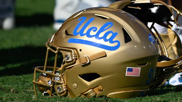 UCLA Bruins helmets during pregame warmups before playing the Fresno State Bulldogs at Rose Bowl on Nov 30, 2024. UCLA Bruins helmets during pregame warmups before playing the Fresno State Bulldogs at Rose Bowl on Nov 30, 2024.