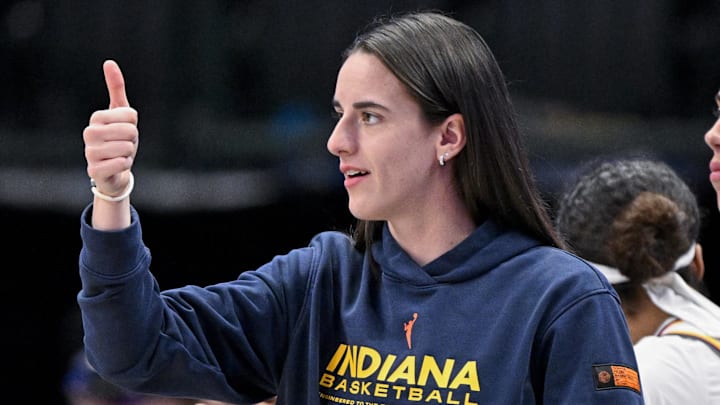 Aug 1, 2025; Dallas, Texas, USA; Indiana Fever guard Caitlin Clark (22) during the game between the Dallas Wings and the Indiana Fever at the American Airlines Center. Mandatory Credit: Jerome Miron-Imagn Images