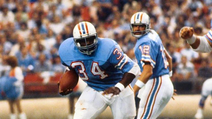 Oct 5, 1980; Seattle, WA, USA; FILE PHOTO; Houston Oilers running back Earl Campbell (34) in action against the Seattle Seahawks at the Silverdome. the Seahawks defeated the Oliers 26-7. 