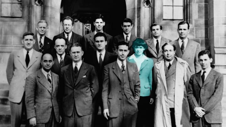 Leona Libby with colleagues in 1946.