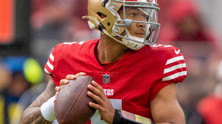 September 18, 2022; Santa Clara, California, USA; San Francisco 49ers quarterback Trey Lance (5)