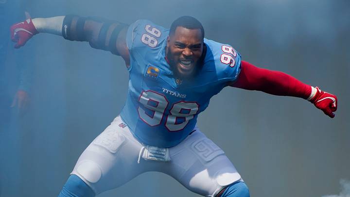 Tennessee Titans defensive tackle Jeffery Simmons (98) enters the field before the game against the Philadelphia Eagles at Nissan Stadium in Nashville, Tenn., Sunday, Sept. 20, 2026.