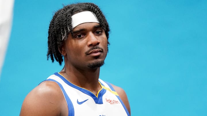 Sep 30, 2024; San Francisco, CA, USA; Golden State Warriors guard Blake Hinson (26) poses for a photo during Media Day at the Chase Center. Mandatory Credit: Cary Edmondson-Imagn Images