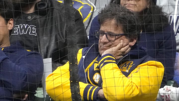 Apr 1, 2025; Milwaukee, Wisconsin, USA; Chairman and principal owner of the Milwaukee Brewers. Mark Attanasio, bottom right, in attendance during a game against the Kansas City Royals at American Family Field. Attanasio enters his 20th season as chairman and principal owner of the Milwaukee Brewers.Mandatory Credit: Michael McLoone-Imagn Images Apr 1, 2025; Milwaukee, Wisconsin, USA; Chairman and principal owner of the Milwaukee Brewers. Mark Attanasio, bottom right, in attendance during a game against the Kansas City Royals at American Family Field. Attanasio enters his 20th season as chairman and principal owner of the Milwaukee Brewers.Mandatory Credit: Michael McLoone-Imagn Images
