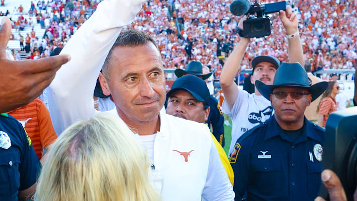 Oct 11, 2025; Dallas, Texas, USA;  Texas Longhorns head coach Steve Sarkisian wears the Golden Hat after the game against the Oklahoma Sooners at the Cotton Bowl. Mandatory Credit: Kevin Jairaj-Imagn Images