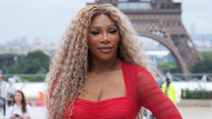 Serena Williams arrives on the red carpet before the Opening Ceremony for the Paris 2024 Olympic Summer Games along the Seine River.