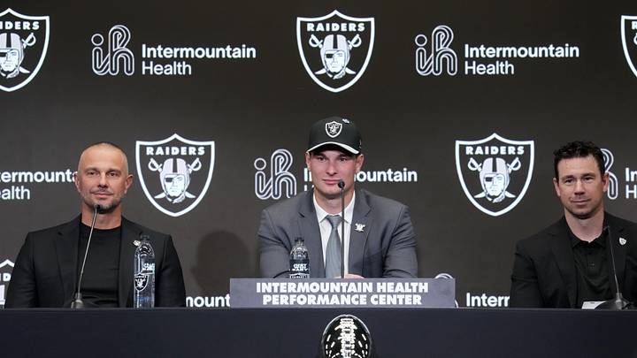 Apr 24, 2026; Henderson, NV, USA; Las Vegas Raiders quarterback Fernando Mendoza (center) speaks at introductory press conference at Intermountain Health Performance Center flanked by general manager John Spytek (left) and head coach Klint Kubiak after being selected as the No. 1 pick in the 2026 NFL Draft. Mandatory Credit: Kirby Lee-Imagn Images Apr 24, 2026; Henderson, NV, USA; Las Vegas Raiders quarterback Fernando Mendoza (center) speaks at introductory press conference at Intermountain Health Performance Center flanked by general manager John Spytek (left) and head coach Klint Kubiak after being selected as the No. 1 pick in the 2026 NFL Draft. Mandatory Credit: Kirby Lee-Imagn Images