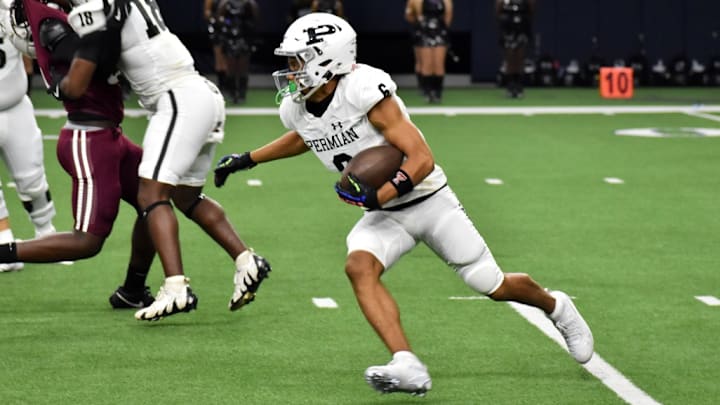 Odessa Permian's Cayden Hernandez carries the ball in a game earlier this season. Odessa Permian hosted Cajon, California, in Week 5. 