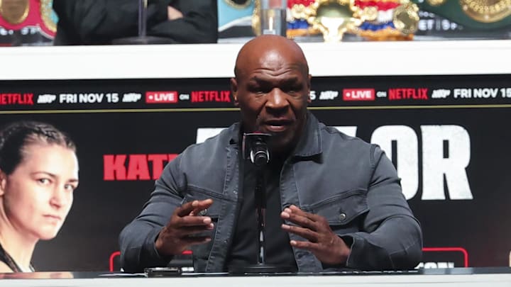 Mike Tyson speaks to the media about his upcoming fight with Jake Paul.