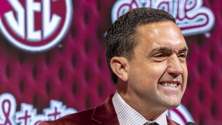 Oct 16, 2024; Birmingham, AL, USA; Mississippi State Bulldogs head coach Sam Purcell talks with the media during SEC Media Days at Grand Bohemian Hotel. Mandatory Credit: Vasha Hunt-Imagn Images