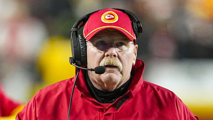Dec 8, 2024; Kansas City, Missouri, USA; Kansas City Chiefs head coach Andy Reid looks on during the second half against the Los Angeles Chargers at GEHA Field at Arrowhead Stadium. Mandatory Credit: Jay Biggerstaff-Imagn Images