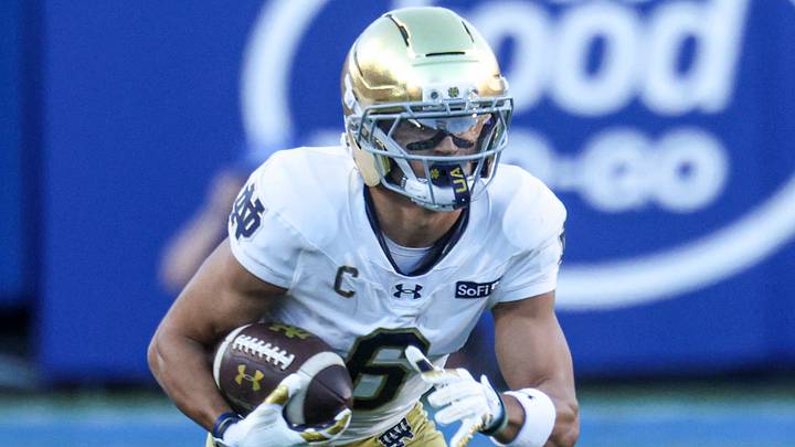 Oct 17, 2026; Provo, Utah, USA; Notre Dame Fighting Irish wide receiver Jordan Faison (6) runs after a catch against the Brigham Young Cougars during the first half at LaVell Edwards Stadium. Oct 17, 2026; Provo, Utah, USA; Notre Dame Fighting Irish wide receiver Jordan Faison (6) runs after a catch against the Brigham Young Cougars during the first half at LaVell Edwards Stadium.