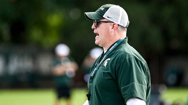 Michigan State head coach Pat Fitzgerald calls out to players during football practice on Monday, Aug. 17, 2026, in East Lansing.