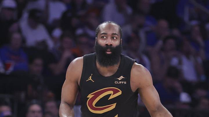 May 19, 2026; New York, New York, USA; Cleveland Cavaliers guard James Harden (1) controls the ball against the New York Knicks during the second quarter of game one of the eastern conference finals during the 2026 NBA playoffs at Madison Square Garden. Mandatory Credit: Brad Penner-Imagn Images