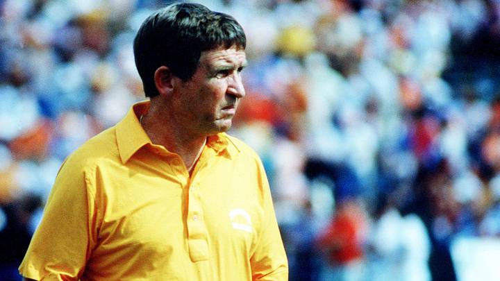 Tennessee head coach Johnny Majors is keeping an eye on his team during warm ups before their SEC battle with Alabama. The Vols won their fourth straight over the Tide 16-14 at Legion Field in Birmingham on Oct. 19, 1985. Tennessee head coach Johnny Majors is keeping an eye on his team during warm ups before their SEC battle with Alabama. The Vols won their fourth straight over the Tide 16-14 at Legion Field in Birmingham on Oct. 19, 1985.