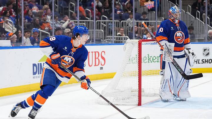 Apr 12, 2026; Elmont, New York, USA; New York Islanders defenseman Matthew Schaefer (48) carries the puck against the Montreal Canadiens in the third period at UBS Arena. Mandatory Credit: Alexander Wohl-Imagn Images Apr 12, 2026; Elmont, New York, USA; New York Islanders defenseman Matthew Schaefer (48) carries the puck against the Montreal Canadiens in the third period at UBS Arena. Mandatory Credit: Alexander Wohl-Imagn Images