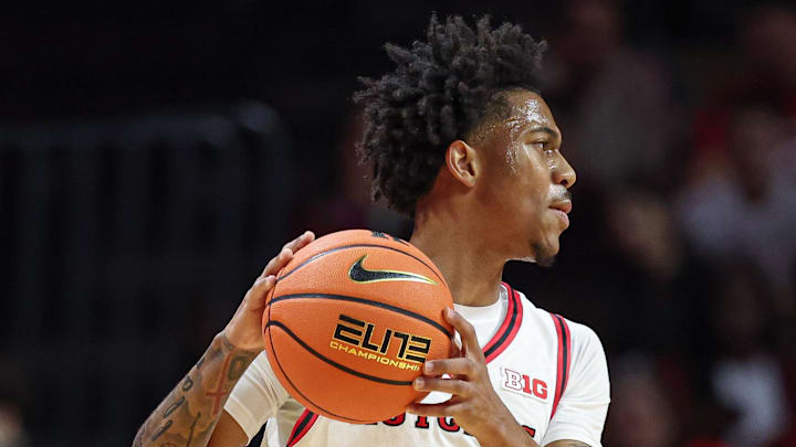 Nov 5, 2025; Piscataway, New Jersey, USA; Rutgers Scarlet Knights guard Tariq Francis (0) looks to pass during the first half against the Rider Broncs at Jersey Mike's Arena. Credit: Vincent Carchietta-Imagn Images Nov 5, 2025; Piscataway, New Jersey, USA; Rutgers Scarlet Knights guard Tariq Francis (0) looks to pass during the first half against the Rider Broncs at Jersey Mike's Arena. Credit: Vincent Carchietta-Imagn Images