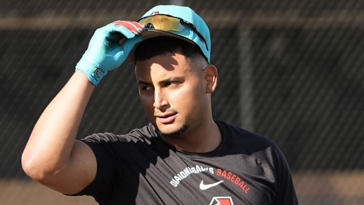 Arizona Diamondbacks catcher Gabriel Moreno (14) during spring training workouts on Feb. 10, 2026, at Salt River Fields in Scottsdale. Arizona Diamondbacks catcher Gabriel Moreno (14) during spring training workouts on Feb. 10, 2026, at Salt River Fields in Scottsdale.