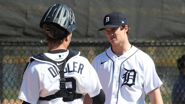 Detroit Tigers prospects catcher Dillon Dingler and pitcher Jackson Jobe talk during minor-league