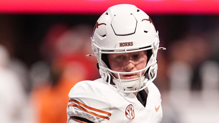 Dec 7, 2024; Atlanta, GA, USA; Texas Longhorns quarterback Quinn Ewers (3) practices before the 2024 SEC Championship game at Mercedes-Benz Stadium. Mandatory Credit: Dale Zanine-Imagn Images