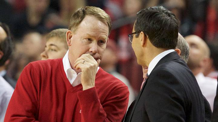 Mar 5, 2017; Lincoln, NE, USA; Nebraska Cornhuskers athletic director Shawn Eichorst talks to head coach Tim Miles prior o the game against the Michigan Wolverines in the first half at Pinnacle Bank Arena. Mandatory Credit: Bruce Thorson-Imagn Images