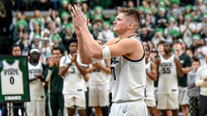 Michigan State's Jaxon Kohler acknowledges the fans during the senior night ceremony after the Spartans win over Rutgers on Thursday, March 5, 2026, at the Breslin Center in East Lansing.
