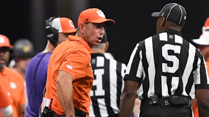 Aug 31, 2024; Atlanta, Georgia, USA; Clemson Tigers head coach Dabo Swinney reacts after officials reversed a pass interference call against the Georgia Bulldogs during the second quarter of the 2024 Aflac Kickoff Game at Mercedes-Benz Stadium.