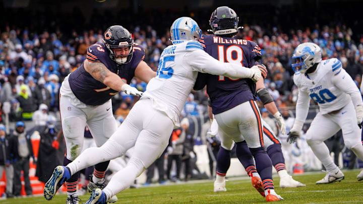 Down goes Caleb Williams again, trying to pass in an offense without a running game or a line that can block.