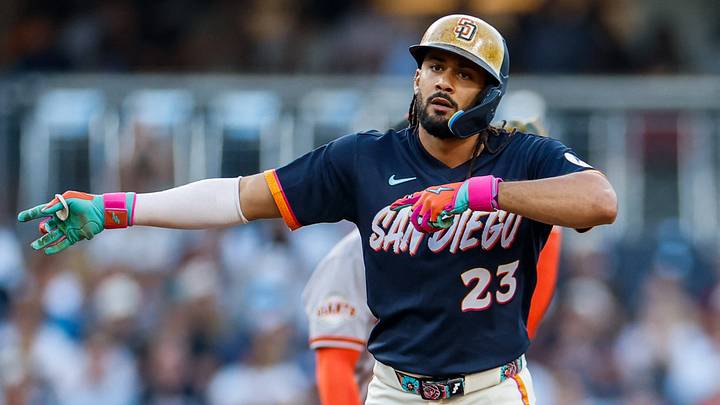 Jul 31, 2026; San Diego, California, USA; San Diego Padres right fielder Fernando Tatis Jr. (23) celebrates after hitting a double during the first inning against the San Francisco Giants at Petco Park. Mandatory Credit: David Frerker-Imagn Images Jul 31, 2026; San Diego, California, USA; San Diego Padres right fielder Fernando Tatis Jr. (23) celebrates after hitting a double during the first inning against the San Francisco Giants at Petco Park. Mandatory Credit: David Frerker-Imagn Images