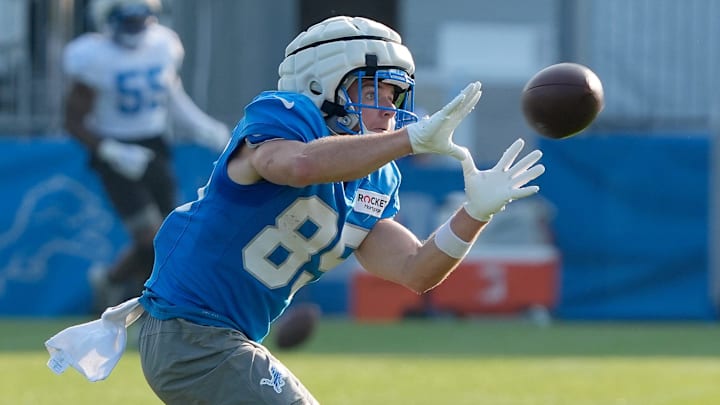 Detroit Lions wide receiver #86 Tom Kennedy catches a pass during practice at the Detroit Lions training facility in Allen Park on Wednesday, August 14, 2024.
