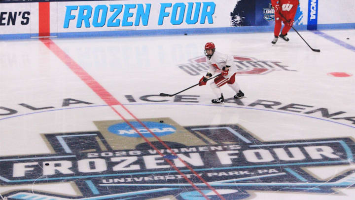 Wisconsin players warm up for practice at the Frozen Four at Pegula Ice Arena in University Park, Pa. on March 19, 2026. Wisconsin players warm up for practice at the Frozen Four at Pegula Ice Arena in University Park, Pa. on March 19, 2026.