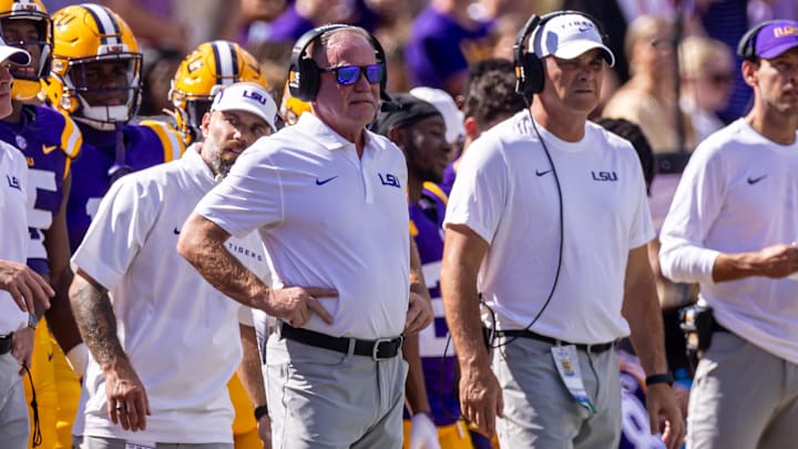 Sep 21, 2024; Baton Rouge, Louisiana, USA;  LSU Tigers head coach Brian Kelly looks on during the first half against the UCLA Bruins at Tiger Stadium. Mandatory Credit: Stephen Lew-Imagn Images