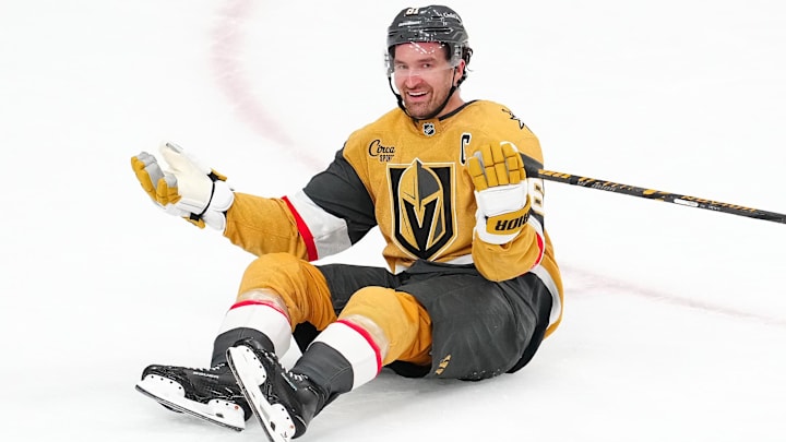 Mar 26, 2026; Las Vegas, Nevada, USA; Vegas Golden Knights right wing Mark Stone (61) reacts after being taken down by Edmonton Oilers left wing Zach Hyman (18) during an overtime period at T-Mobile Arena. Mandatory Credit: Stephen R. Sylvanie-Imagn Images