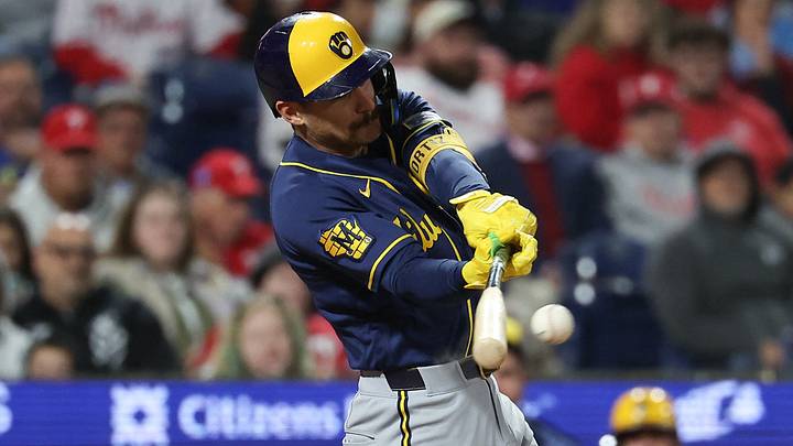 Sep 24, 2026; Philadelphia, Pennsylvania, USA; Milwaukee Brewers shortstop Joey Ortiz (3) hits an RBI single against the Philadelphia Phillies during the eighth inning at Citizens Bank Park. Mandatory Credit: Bill Streicher-Imagn Images