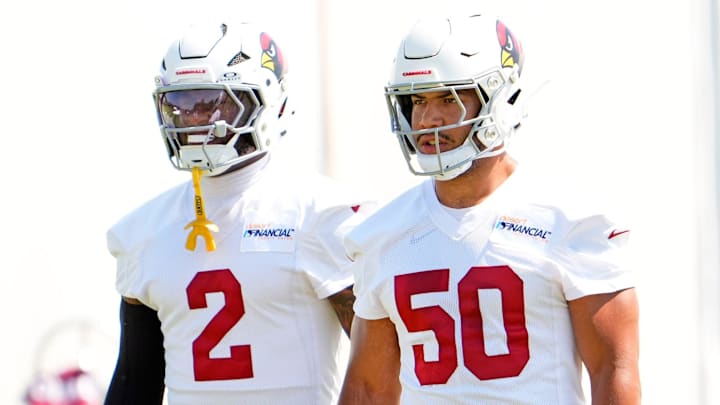 Arizona Cardinals inside linebackers Cody Simon (50) and Mack Wilson Sr. (2) during minicamp at the Cardinals training center in Tempe on June 11, 2025.