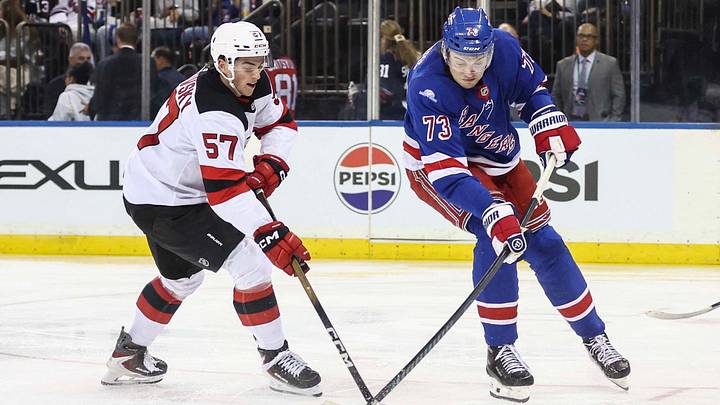 Sep 24, 2026; New York, New York, USA; New Jersey Devils forward Matyas Melovsky (57) and New York Rangers center Matt Rempe (73) battle for control of the puck in the second period at Madison Square Garden. Mandatory Credit: Wendell Cruz-Imagn Images Sep 24, 2026; New York, New York, USA; New Jersey Devils forward Matyas Melovsky (57) and New York Rangers center Matt Rempe (73) battle for control of the puck in the second period at Madison Square Garden. Mandatory Credit: Wendell Cruz-Imagn Images