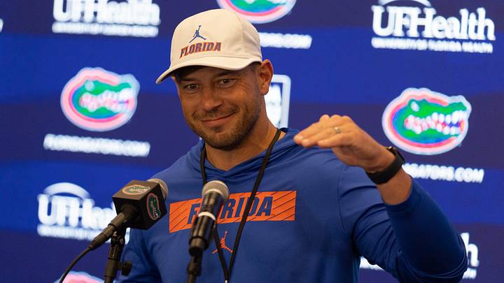 Florida head football coach Jon Sumrall speaks during a press conference after spring practice at Sanders Practice Fields in Gainesville, FL on Tuesday, March 24, 2026. [Alan Youngblood/Gainesville Sun]