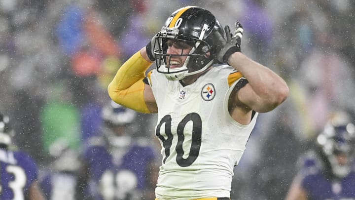 Jan 6, 2024; Baltimore, Maryland, USA;  Pittsburgh Steelers linebacker T.J. Watt (90) reacts after