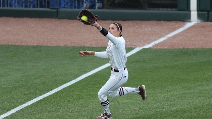 May 9, 2025; Athens, GA, USA; Texas A&M outfielder Kramer Eschete (91) catches the ball for an out during a game against Texas at Jack Turner Stadium. Mandatory Credit: Mady Mertens-Imagn Images