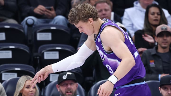 Nov 13, 2025; Salt Lake City, Utah, USA; Utah Jazz forward Lauri Markkanen (23) reacts to a basket and being fouled by the Atlanta Hawks during the first quarter at Delta Center. Mandatory Credit: Rob Gray-Imagn Images
