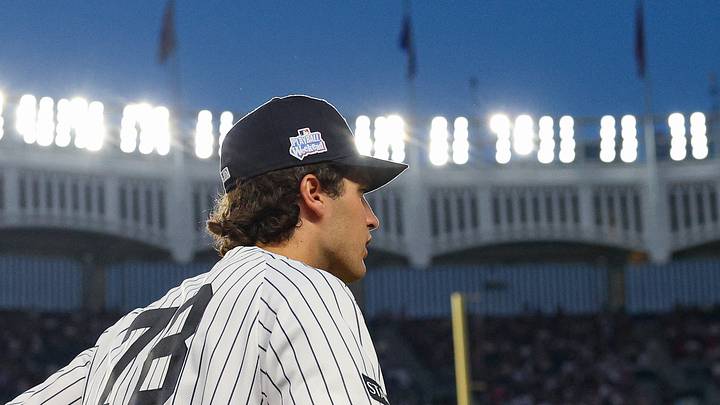 Jun 5, 2026; Bronx, New York, USA; New York Yankees right fielder Spencer Jones (78) runs on the field while wearing a playable weekend patch on his cap during the sixth inning against the Boston Red Sox at Yankee Stadium. Mandatory Credit: Vincent Carchietta-Imagn Images