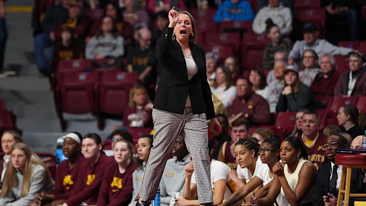 Minnesota head coach Dawn Plitzuweit reacts during the first half against Penn State at Williams Arena in Minneapolis on Jan. 31, 2024. Minnesota head coach Dawn Plitzuweit reacts during the first half against Penn State at Williams Arena in Minneapolis on Jan. 31, 2024.