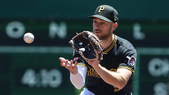 May 31, 2026; Pittsburgh, Pennsylvania, USA;  Pittsburgh Pirates second baseman Brandon Lowe (5) takes a throw for a force out at second base during the second inning against the Minnesota Twins at PNC Park. Mandatory Credit: Charles LeClaire-Imagn Images