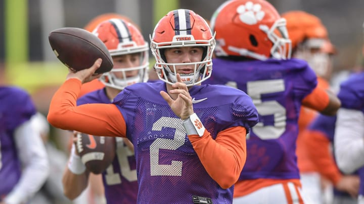 Clemson quarterback Cade Klubnik (2) with quarterbacks in a passing drill during the football practice at the Allen N. Reeves Football Complex at Clemson University in Clemson, S.C. Wednesday, March 5, 2025. Clemson quarterback Cade Klubnik (2) with quarterbacks in a passing drill during the football practice at the Allen N. Reeves Football Complex at Clemson University in Clemson, S.C. Wednesday, March 5, 2025.