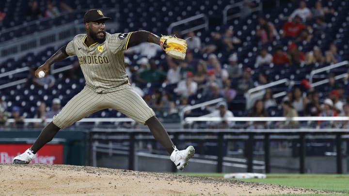 Jul 24, 2024; Washington, District of Columbia, USA; San Diego Padres pitcher Enyel De Los Santos (62) pitches against the Washington Nationals during the ninth inning at Nationals Park. Mandatory Credit: Geoff Burke-USA TODAY Sports Jul 24, 2024; Washington, District of Columbia, USA; San Diego Padres pitcher Enyel De Los Santos (62) pitches against the Washington Nationals during the ninth inning at Nationals Park. Mandatory Credit: Geoff Burke-USA TODAY Sports