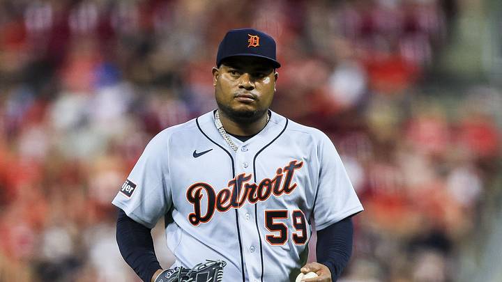 Apr 24, 2026; Cincinnati, Ohio, USA; Detroit Tigers starting pitcher Framber Valdez (59) prepares to pitch in the fifth inning against the Cincinnati Reds at Great American Ball Park. Mandatory Credit: Katie Stratman-Imagn Images